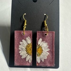 Handmade Daisy Resin Drop Earrings in Dusty Pink - Gold Hooks